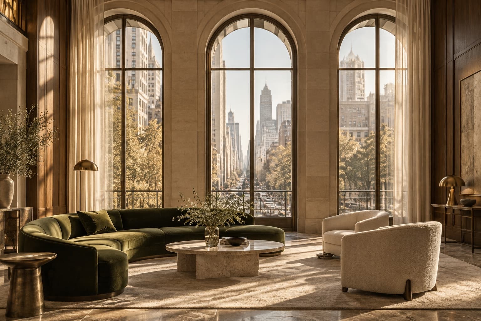 An imagined sunlit salon with limestone arches, warm wood and a green velvet sofa at The Kiosk Grand