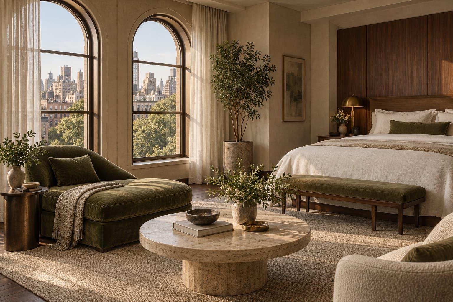 An imagined Junior Suite with a linen king bed, green velvet chaise and sunlit arched windows